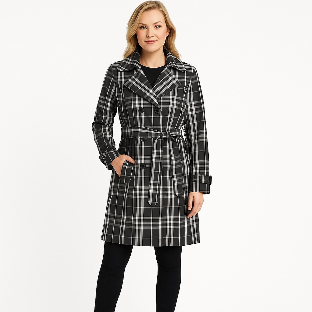 Xoxo trench coat lightweight jacket plaid black white double brest pocket medium